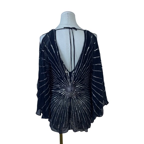 BCBGMAXAZRIA  Black Sequined Chiffon Top Blouse Small Starburst Design Sz S - Picture 3 of 8